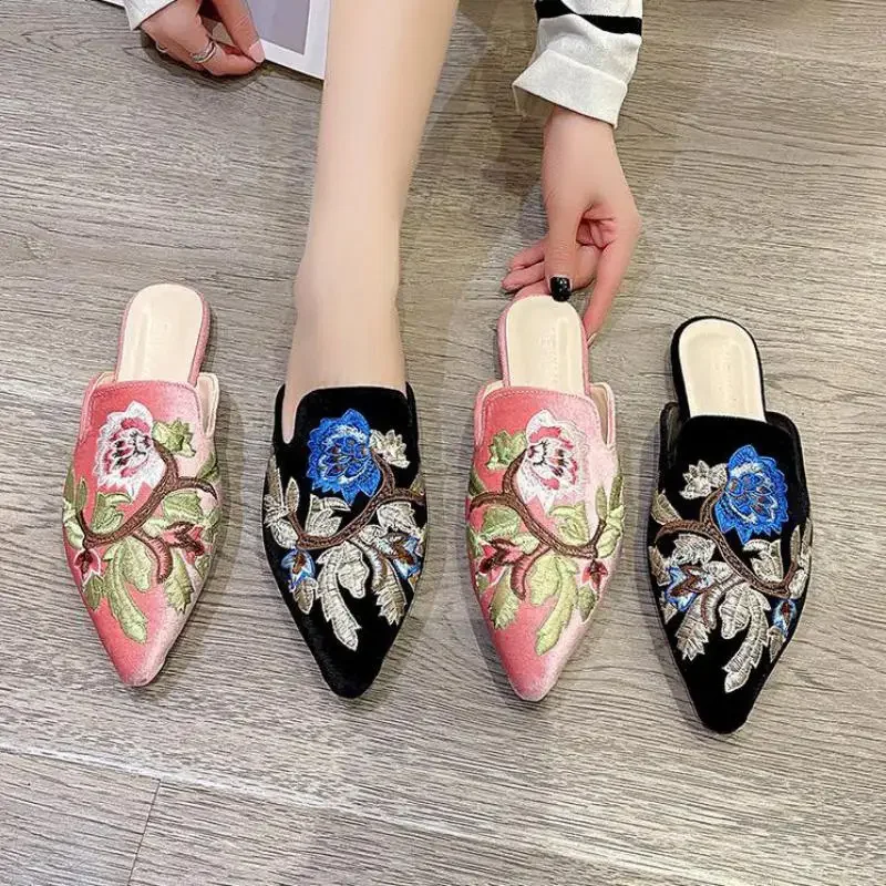 35-40 Womens Slippers Spring Autumn Female Flats Embroider Shoes Mujer Pointed Toe Zapatos Solid Soft Bottom Breathable Footwear