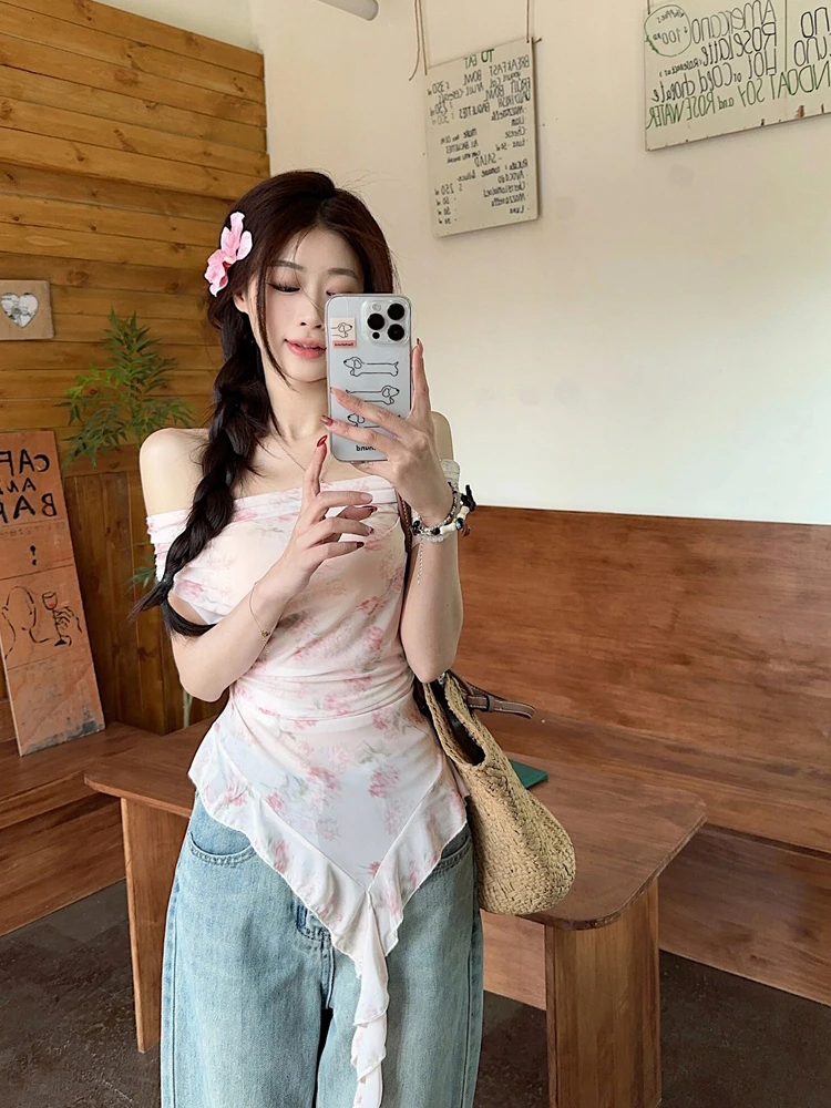 

Pure Desire Style One-Shoulder Sash Chiffon Top Women's Summer 2026 New Elegant Floral Print Asymmetrical Trendy Top