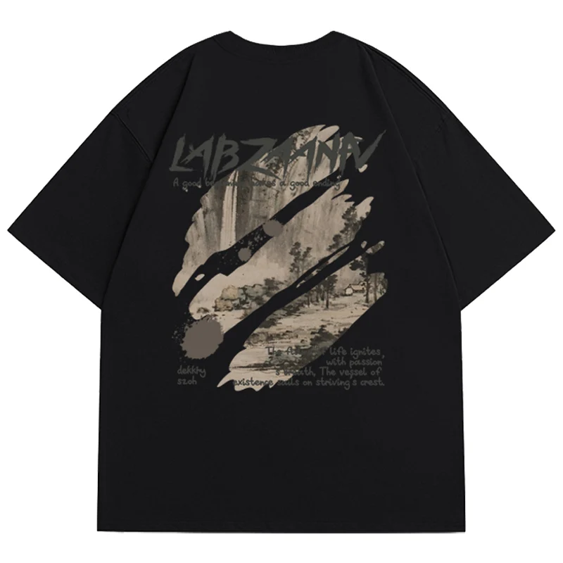 

Motorcycle Personalized Street Scenery Printed Short-Sleeved Men's Summer Loose Cotton Black Casual Bottoming Shirt