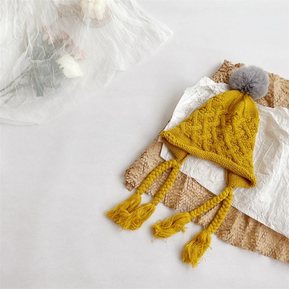 

Korean Autumn Winter Baby Crochet Hat Pom-pom Tassel Pigtail Hand Knitted Cap Soft Warm Outdoor Ear Protection Cap