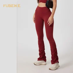 FUBEIKE High Waist Tight Nude Feel Yoga Pants Stitching Casual Pile Style Sports Trousers Running Hip Lifting Leggings Workout