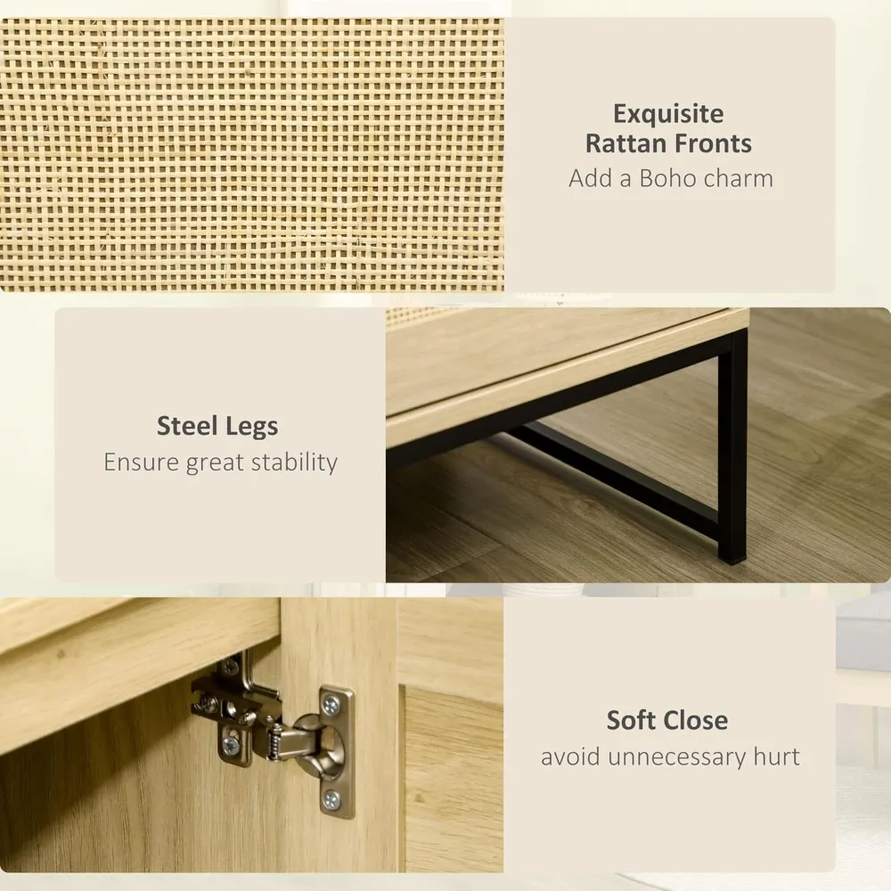 خزانة مميزة، خزانة تخزين بوهو مع أبواب الروطان، رف قابل للتعديل وقاعدة معدنية، خزانة جانبية لغرفة المعيشة، المطبخ