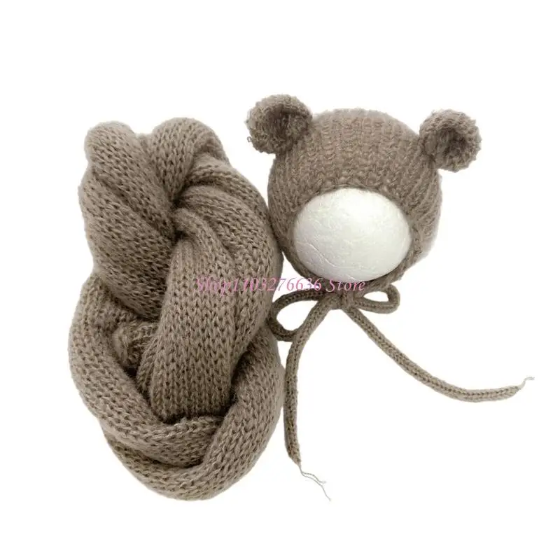 

R6FD Newborns Wrap & Hat Set Newborns Bear Costume Must Get Knit Wrap with Hat