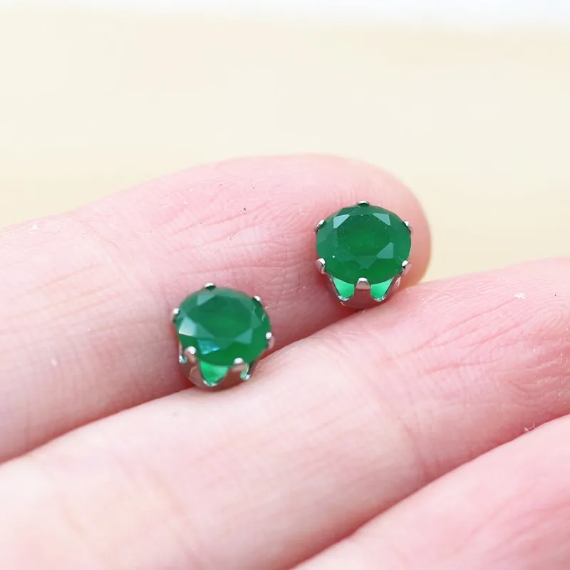 Brief Vintage Style 6mm Green Stone Stud Earrings Jewelry With 316 L Stainless Steel For Unisex Anti Allergy