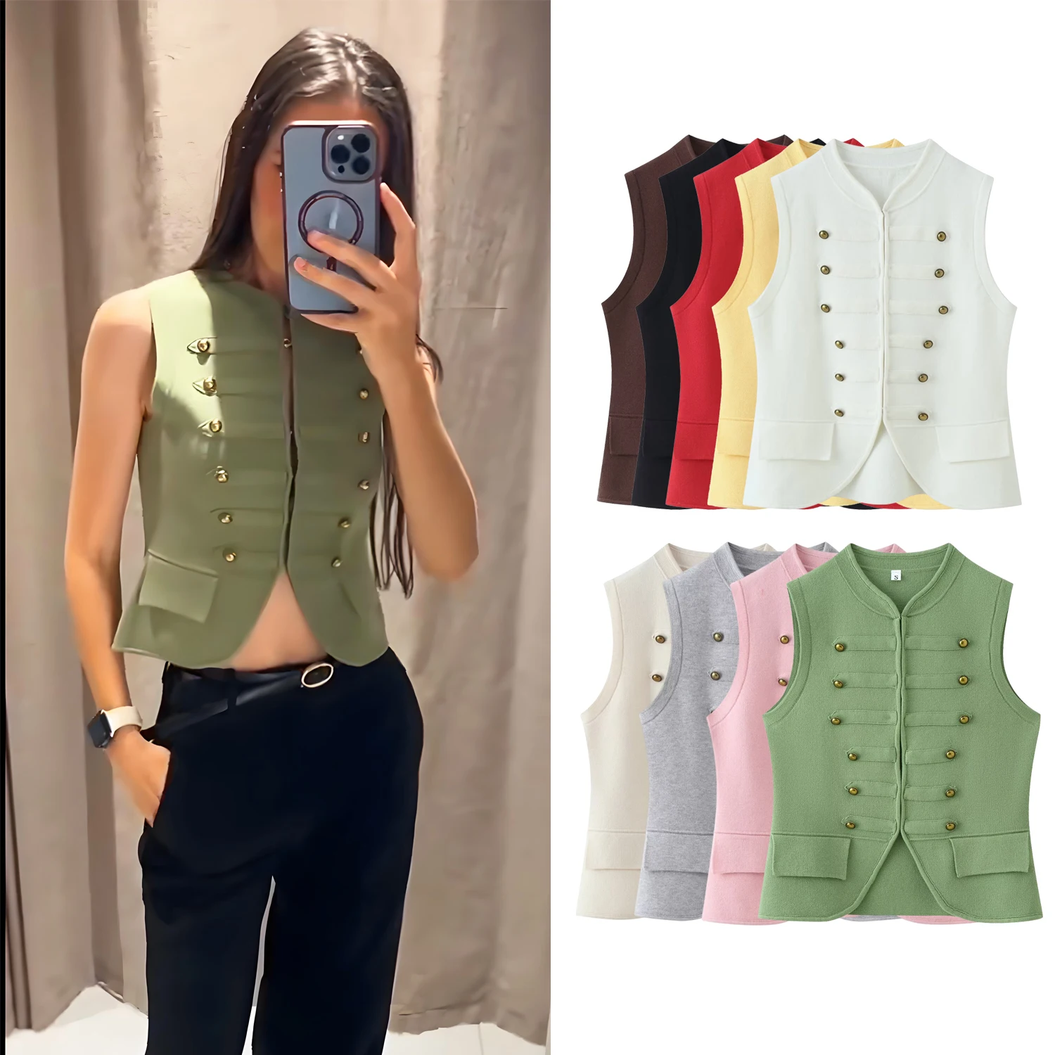 Spring Summer Women's Solid Knitted Vests Female Vintage Sleeveless Buttons Waistcoat Lady Chic High Street Party Slim Vest Tops