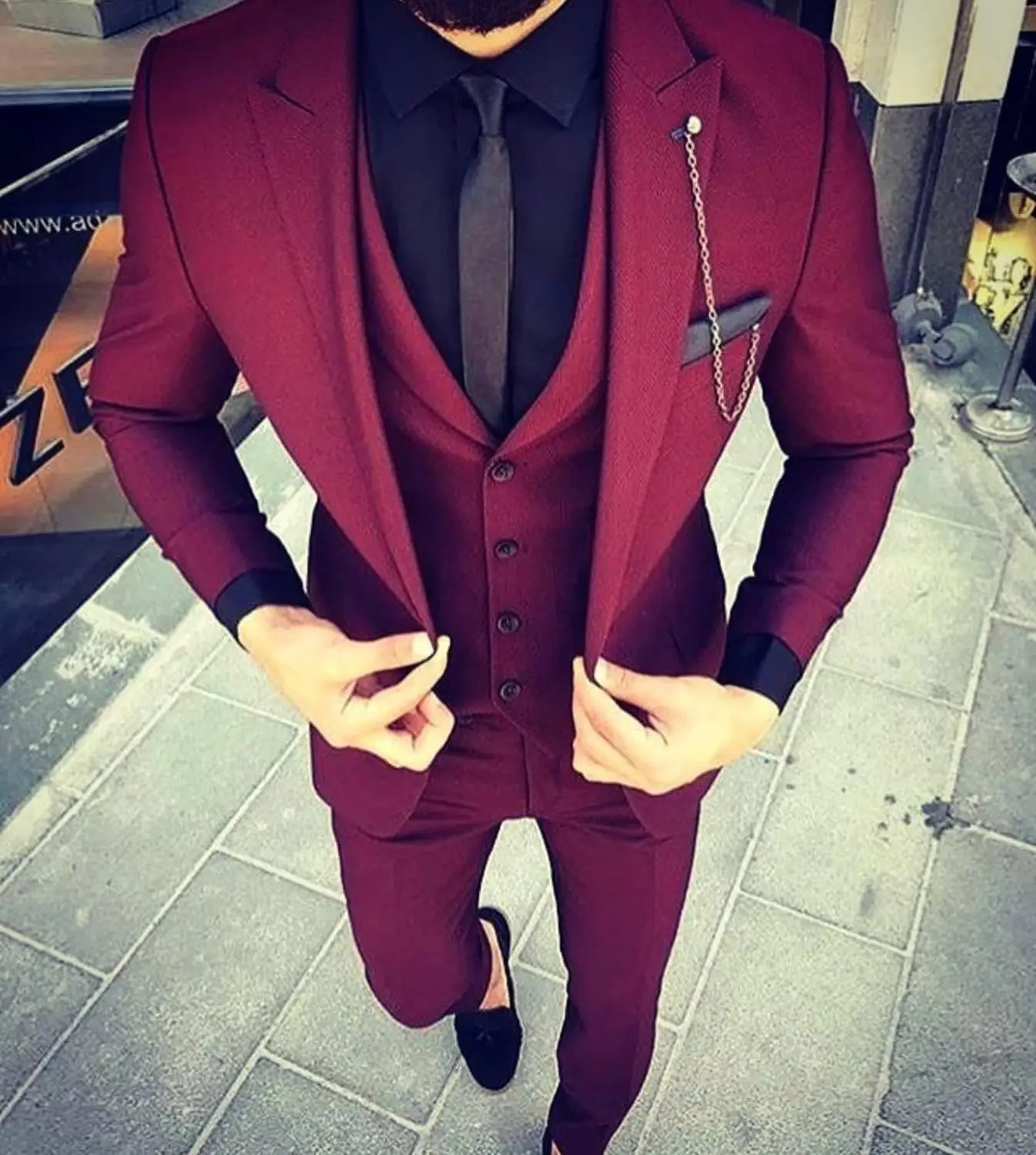 

Custom Made Wine Red Slim Fit Wedding Suit Prom Suits Groom Tuxedos Men Suit 2 Pieces(Jacket+Pant+Tie) costume homme mariage