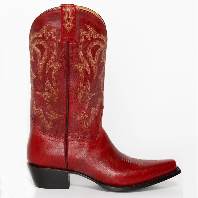 New Big Red Black Pu Cowboy Boots for Women Pointed Toe Mid-Calf Embroidered Chunky Heel Boot Female Autumn Winter Shoes Large