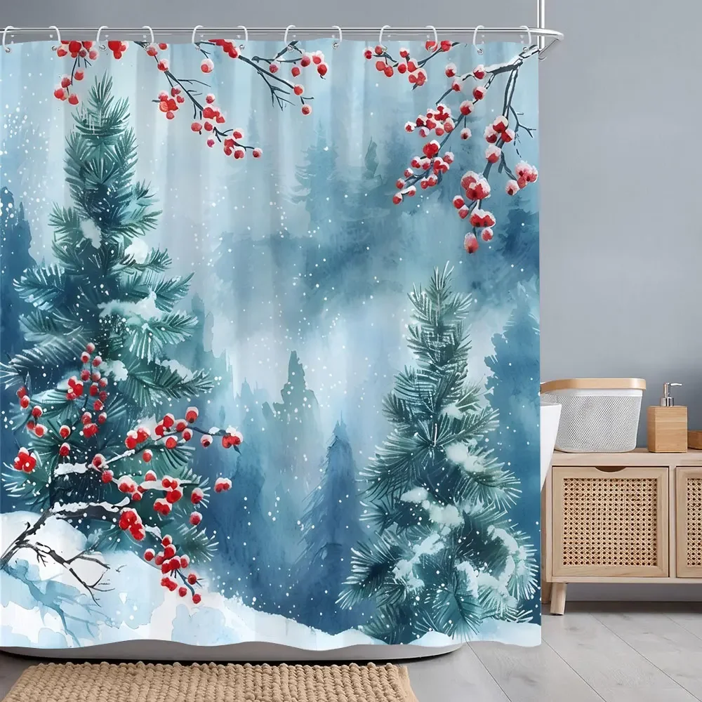 Winter Forest Snow Watercolour Shower Curtain Christmas Tree Red Fruit Misty Forest Polyester Fabric Bath Curtain Bathroom Decor