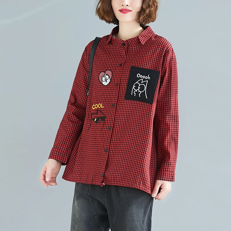 เสื้อผู้หญิงไซส์ใหญ่ทรงหลวมสไตล์ศิลปะ แขนยาวลำลอง ใส่สบาย เหมาะกับฤดูใบไม้ผลิและฤดูใบไม้ร่วง ช่วยให้ดูผอมเพรียว ผลิตจากผ้าฝ้ายผสมอเนกประสงค์