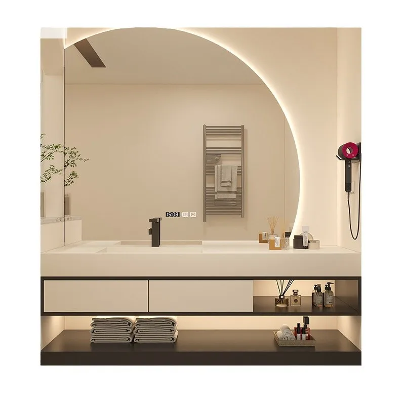 

Designer Modern Minimalist ins Semicircular Mirror Slate Integrated Basin Bathroom Cabinet Combination Solid Wood Smart Wash