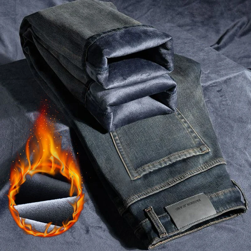 

New Winter Men's Fleece Jeans Straight Leg Thermal Stretch Retro Washed Velvet Denim Pants Fashion Work Outdoor Wear Trousers