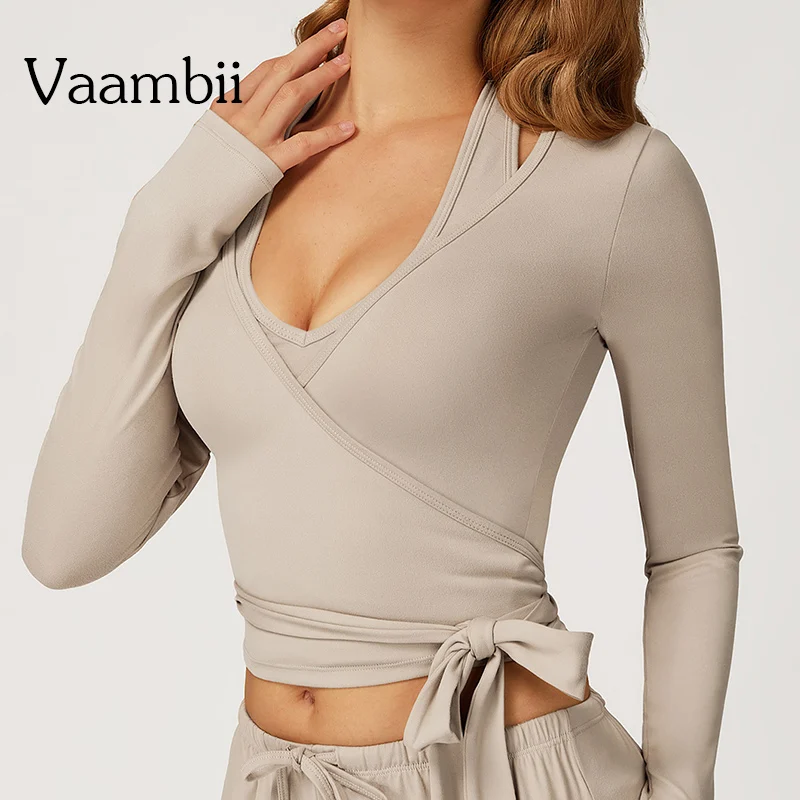

Quick-Dry Cross-Wrap Running Pilates Gym Shirt Women's 2025 V-Neck Yoga Shrug Long-Sleeve Cropped Top