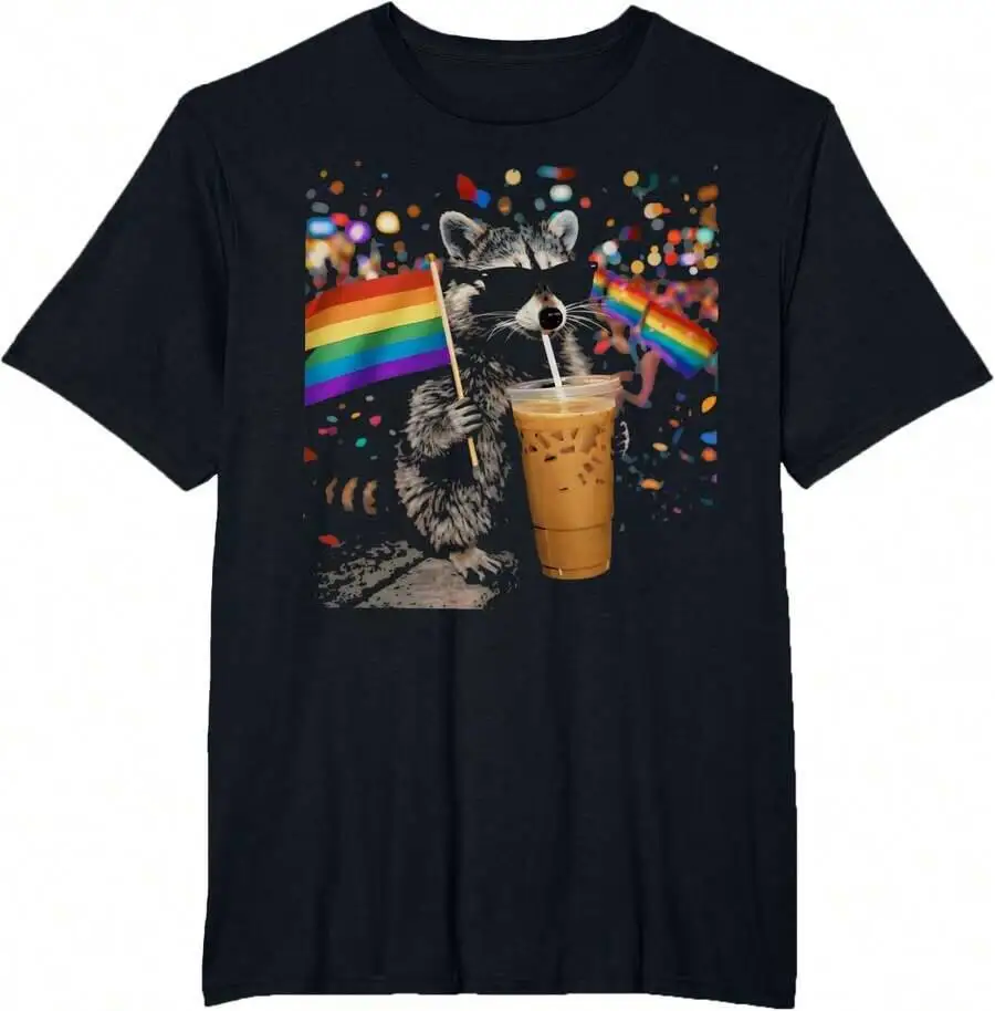 Funny Raccoon Drinking Iced Coffee Rainbow Flag LGBTQ Pride T-Shirt 100% Cotton Trendy Y2K Short-Sleeve Tee-Soft, Quick-Drying,