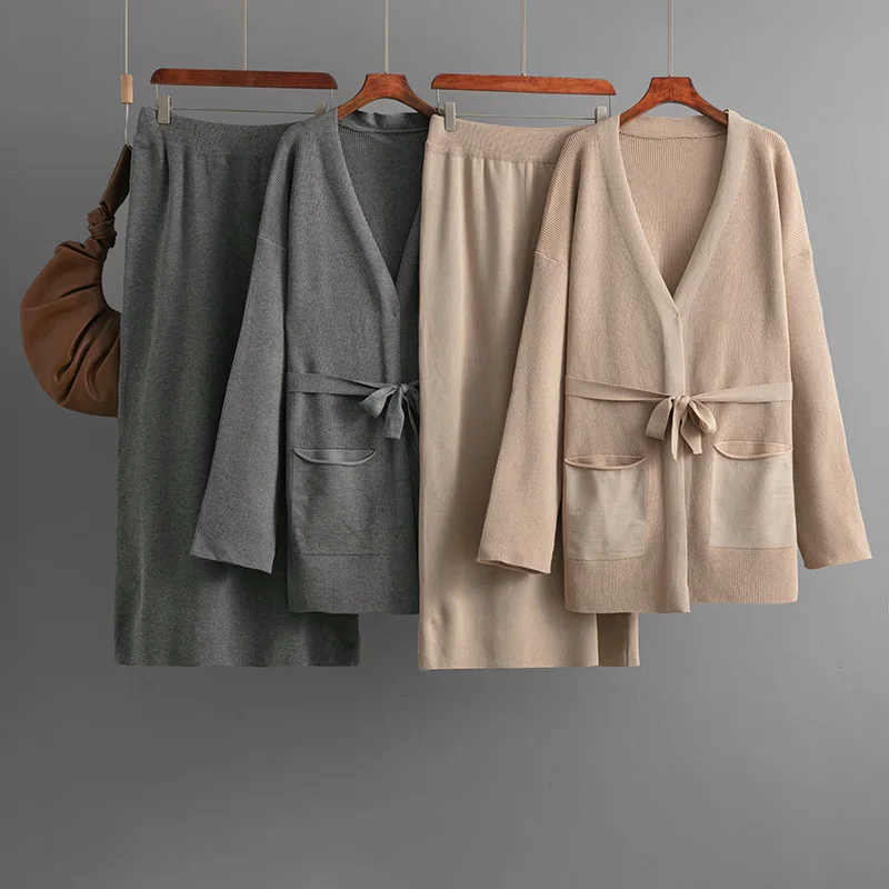 

Лето 2025 г., вязаные костюмы, женские комплекты свитера с длинными рукавами и широкими брюками, верхняя одежда, свободные комплекты кардигана на шнуровке Wh3