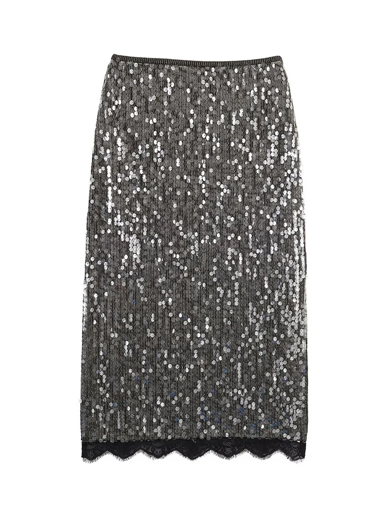 HH frauen Elegante Glänzende Pailletten Spitze Splice Dekorative Dünne Rock Mode Weibliche Chic Hohe Taille Schlitz Saum Langen Rock mujer