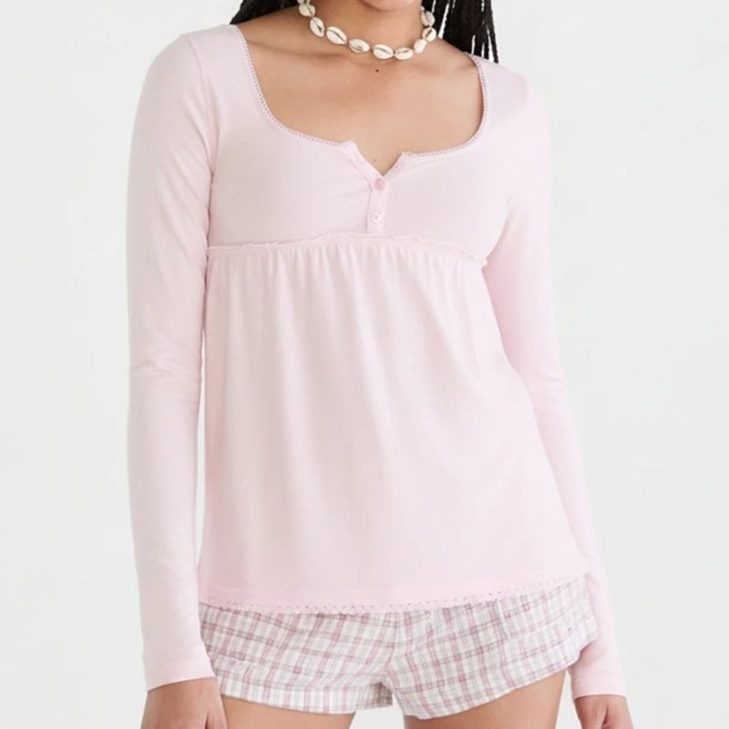 Women's Y2k Half Button-down Square Neck Babydoll Tops Long Sleeve Solid Color Ruffled Lace Trim Hem Patchwork Slim Shirts