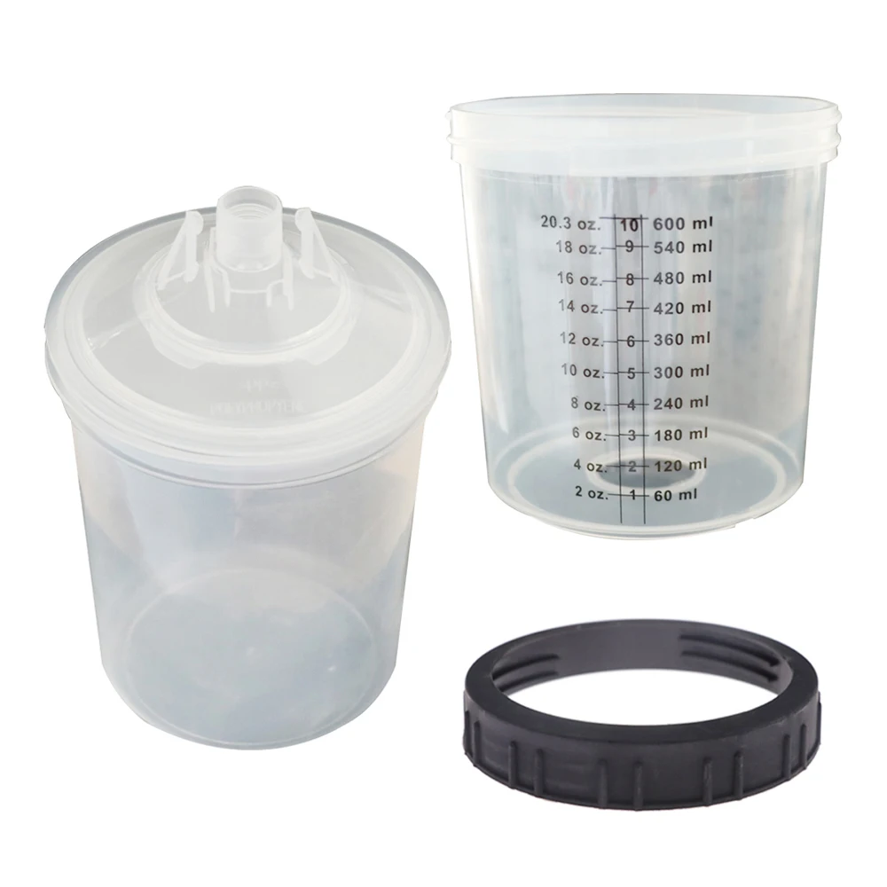 

50PCS Spray Gun Paint Mixing Cups, 160/350/600ML H/O Quick Disposable Cups with Lids, PPS Type CE for Automotive Furniture