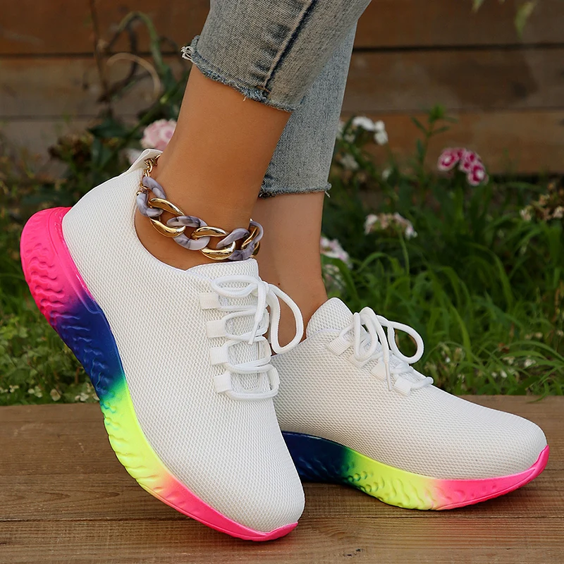 Fashion Rainbow Sole Knit Sneakers Women Mesh Breathable Platform Sports Shoes Woman Non Slip Yellow Running Sneakers Plus Size