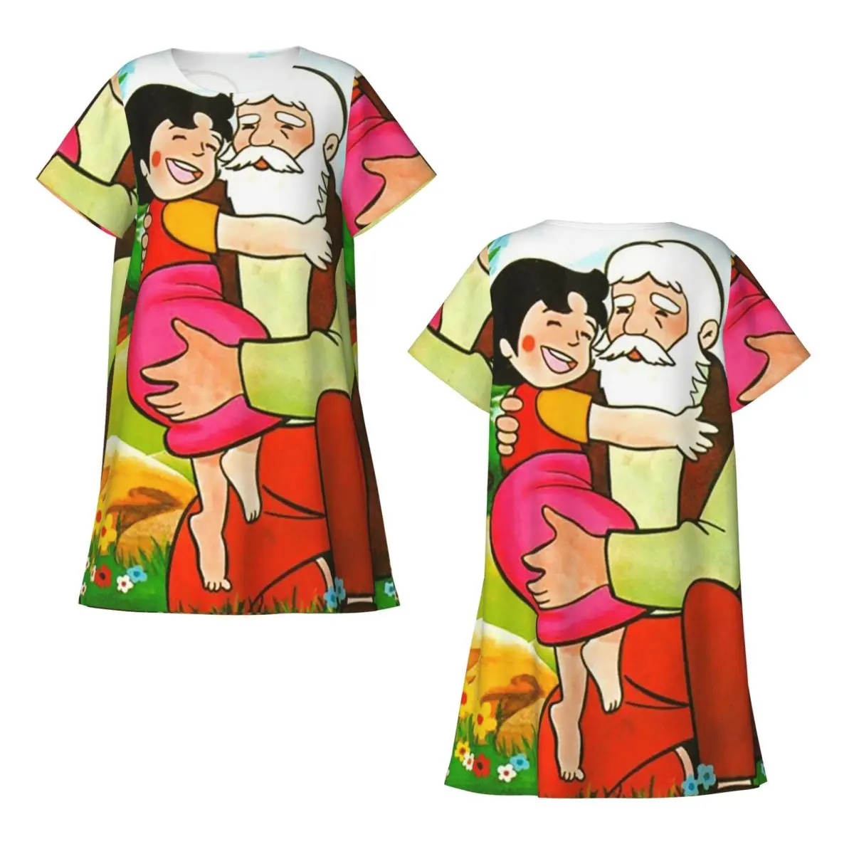 Custom Heidi Peter And Grandpa Alps Cartoon Short Sleeves Nightdress For Sleeping Women Short Sleeve Nightgowns Pajama Dress