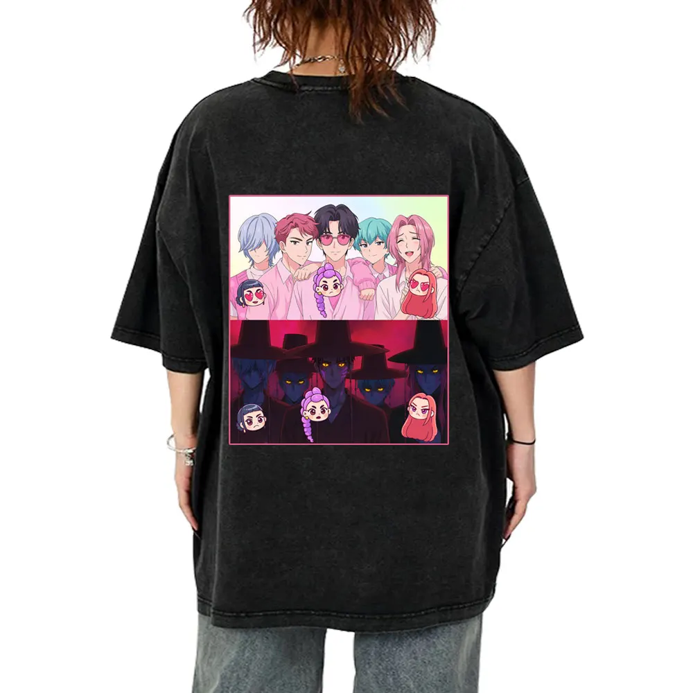 

Famous Movie KPop Demon Hunters Saja Boys Washed T-shirt Men Women Fashion Casual Vintage Streetwear Men's Cotton Short Sleeve