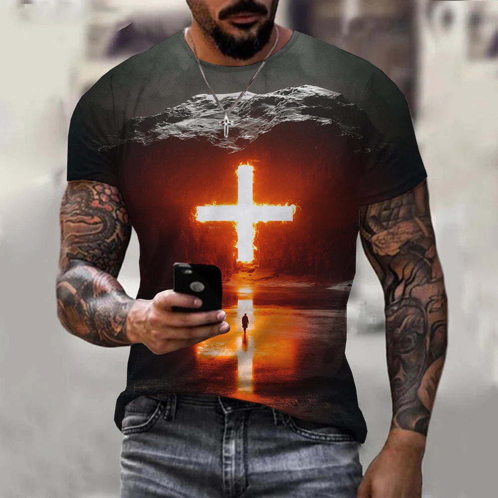 New Summer Jesus 3D Print Harajuku Street Casual Men's Clothing T-shirt, Oversized Sports Round Neck Loose Top Short Sleeve。