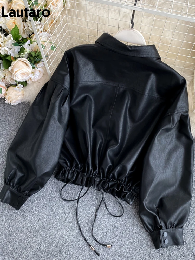 Lautaro Spring Autumn Short Black Cool Light Soft Pu Leather Jacket Women with Long Puff Sleeve Casual Loose Korean Fashion 2024