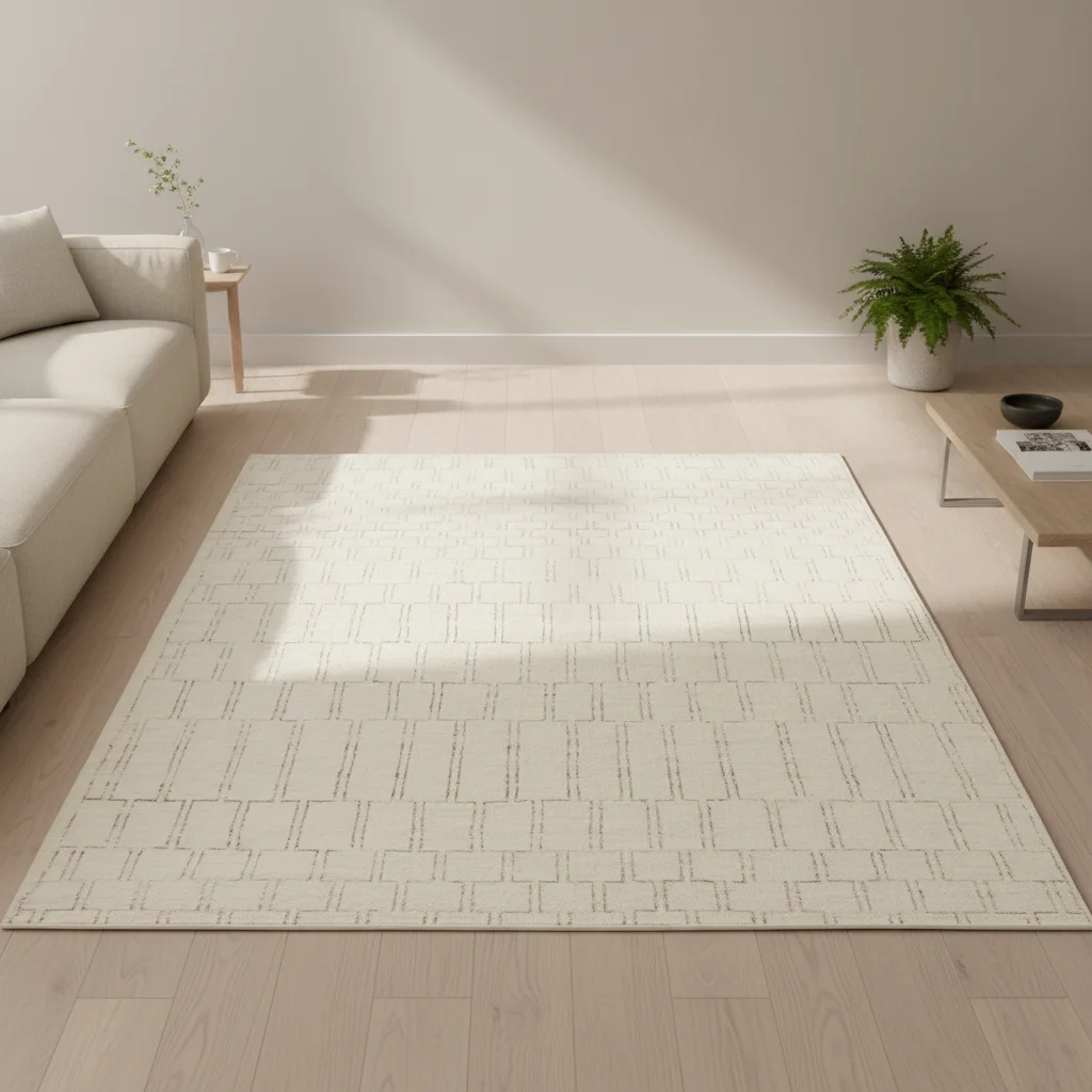 ！@Ivory Color Asymmetrical Grid Wool Carpet Shading Smooth Sheared Finish Luxury Rug Living Room Rug