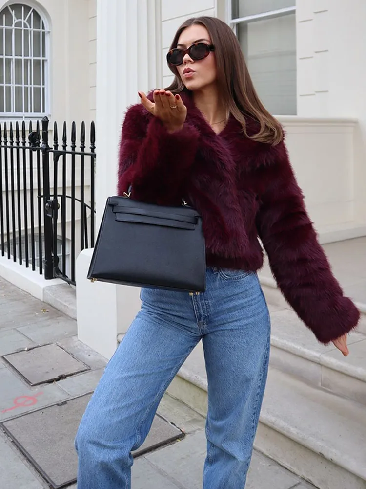 Chic Burgundy Furry Faux Fur Jacket Women Shaggy Overcoats Thick Warm Lapel Plush Coat 2024 Winter Lady Cropped Outerwear