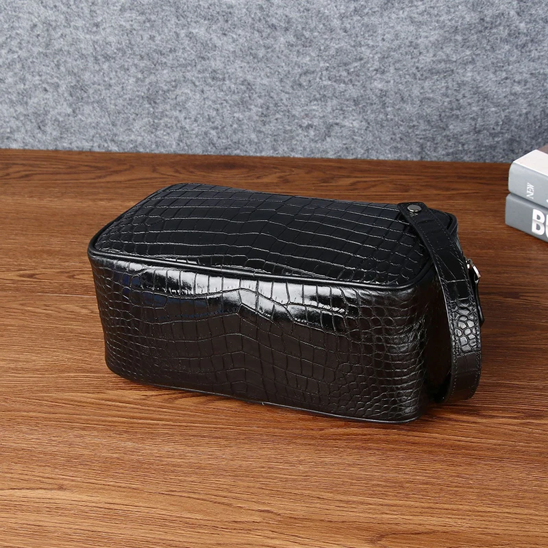 Bolsa de couro genuíno para homens, zero carteira, crocodilo padrão, zíper duplo, saco versátil, tendência, novo, 2023