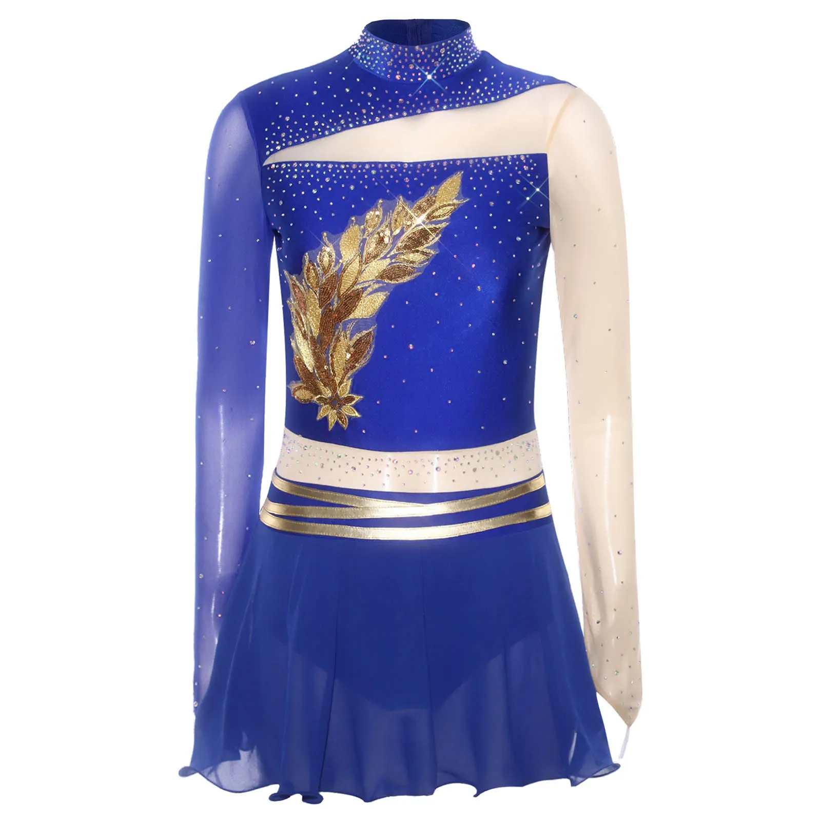

Women Latin Dance Competition Dress Embroidered Long Sleeve Color Block Figure Skating Outfit Gymnastics Lyrical Latin Dancewear