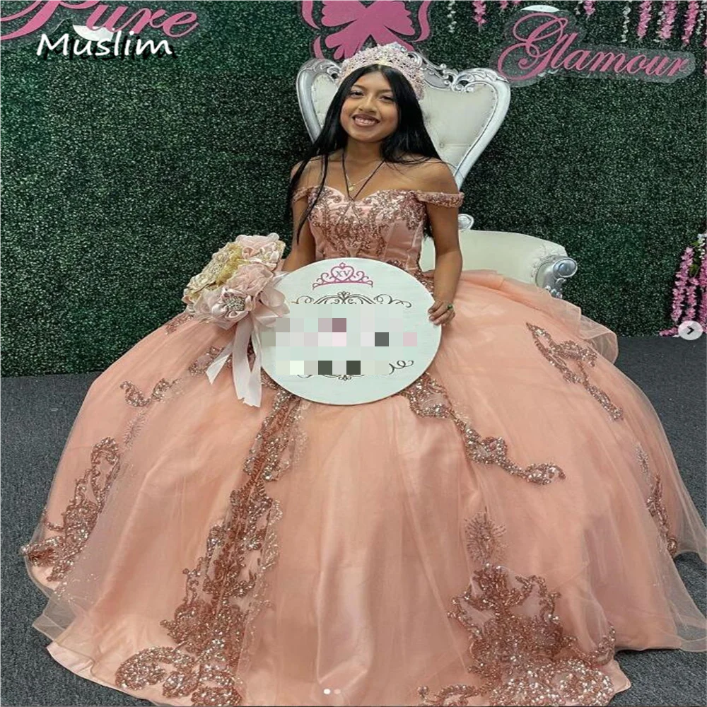 Gorgeous Peach Quinceanera Dresses 2023 Sparkly Sequin Ballkleider 15 Years Old Birthday Prom Dress Big Bow Vestidos De 15 Años