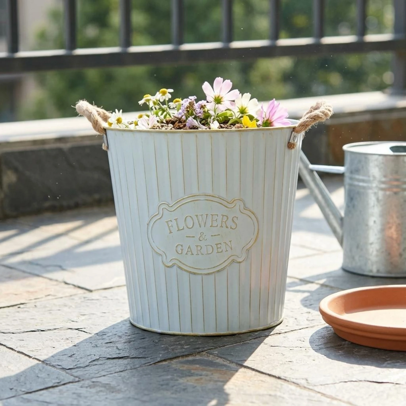 Flower Pail Light Blue Decorative Flower Pail Rustic Metal Vase Embossed Stripes Metal Jug Vase Multipurpose