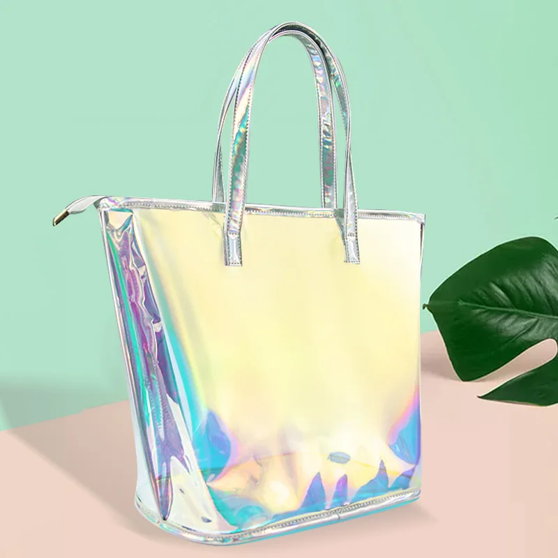 Laser Handbag for Women,Waterproof Beach Bag,Transparent TPU Large Tote Bags, Jelly Purse, Top Handle Shoulder Zipper Bags,