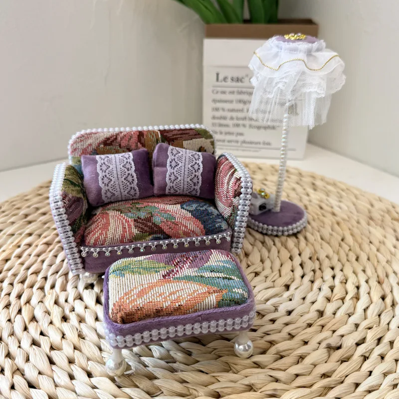 1/12 Dolls Dollhouse Miniature Furniture Living Room Scene Model Purple Checkered Two-seater Sofa Square Coffee Table Desk Lamp
