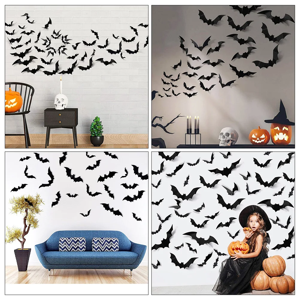 

60Pcs Halloween Bat Stickers 3D Plastic Halloween Wall Decals Party Decoration DIY Room Decor Window Door Ornaments