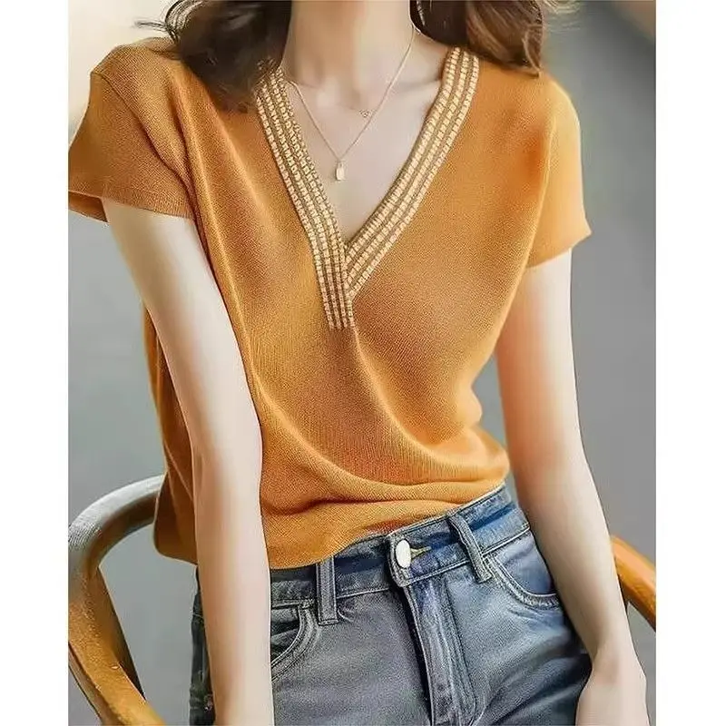 

Women Y2k V-neck Sweater Vintage Harajuku Knit Loose Pullover Korean Style Spring Summer Knitwear High Street Ice Silk Top TS773