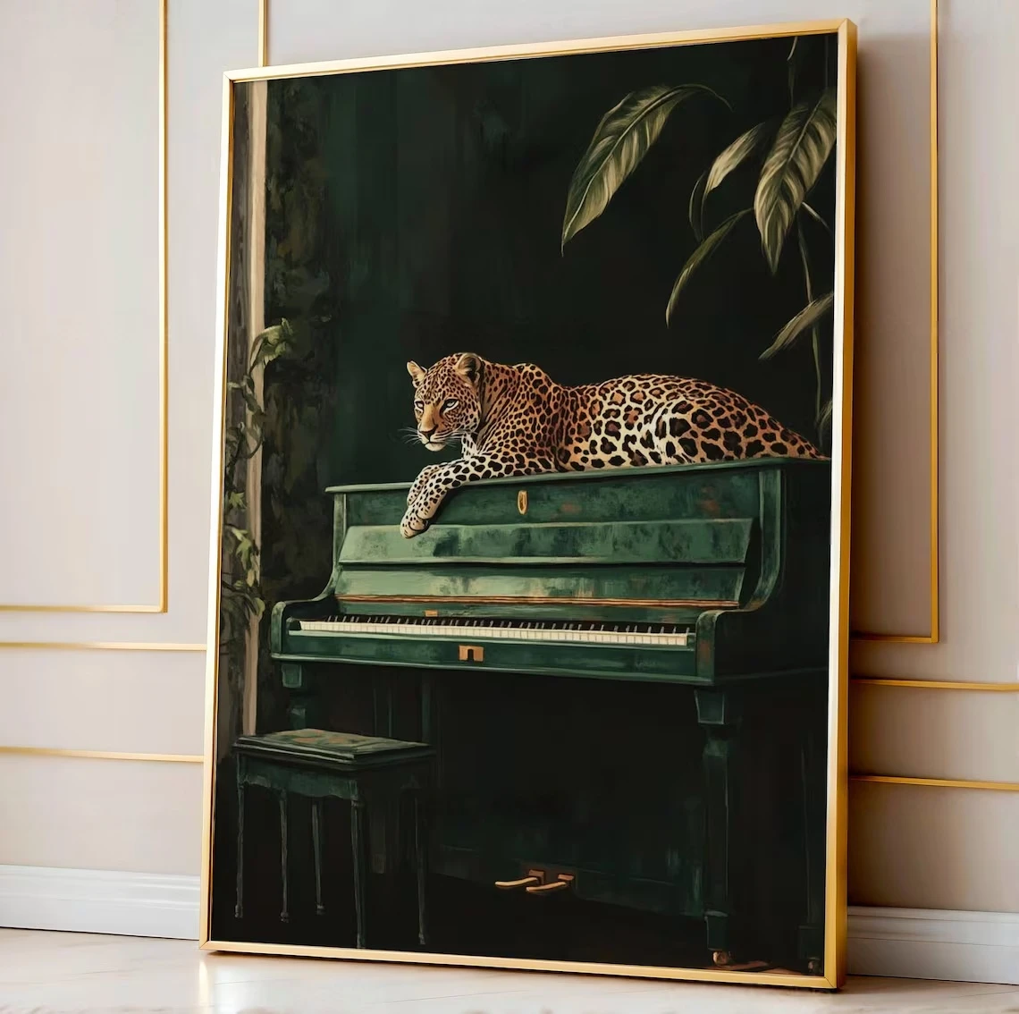Elegante Leoparden-Wandkunst in Piano-Grün, Leinwanddruck mit Dschungeltieren, maximale minimalistische Dekoration