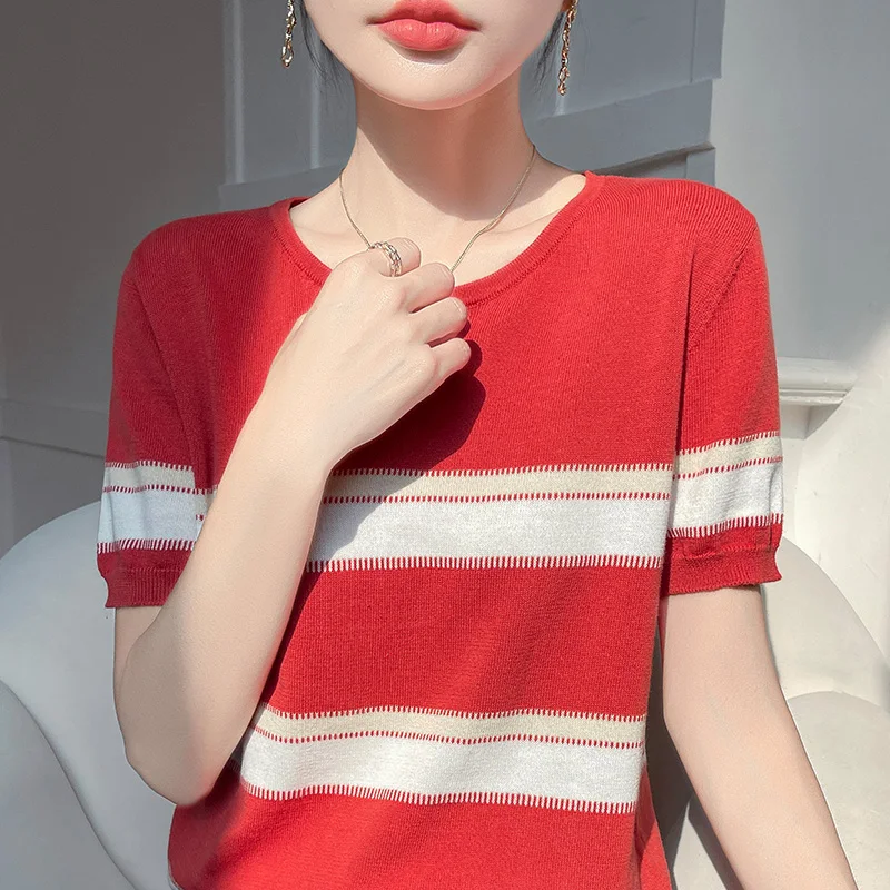 Dames zomer nieuwe 100% puur katoen gebreide korte mouwen casual kleur geblokkeerd T-shirt losse ronde hals top modieuze trui