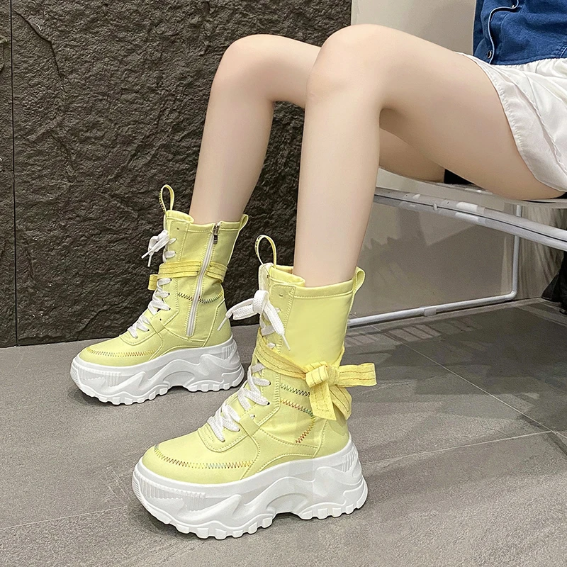 8CM Women Chunky Mid-Calf Boots New Autumn Canvas High Platform Round Toe Ladies Shoes Tie Motorcycle Boots Winter Sneakers - Image 6