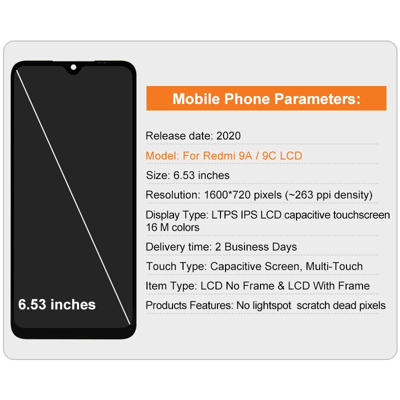 6.53\'\' For Xiaomi Redmi 9A Display LCD Touch Screen Digitizer For Redmi 9C LCD Replacement Parts With Frame