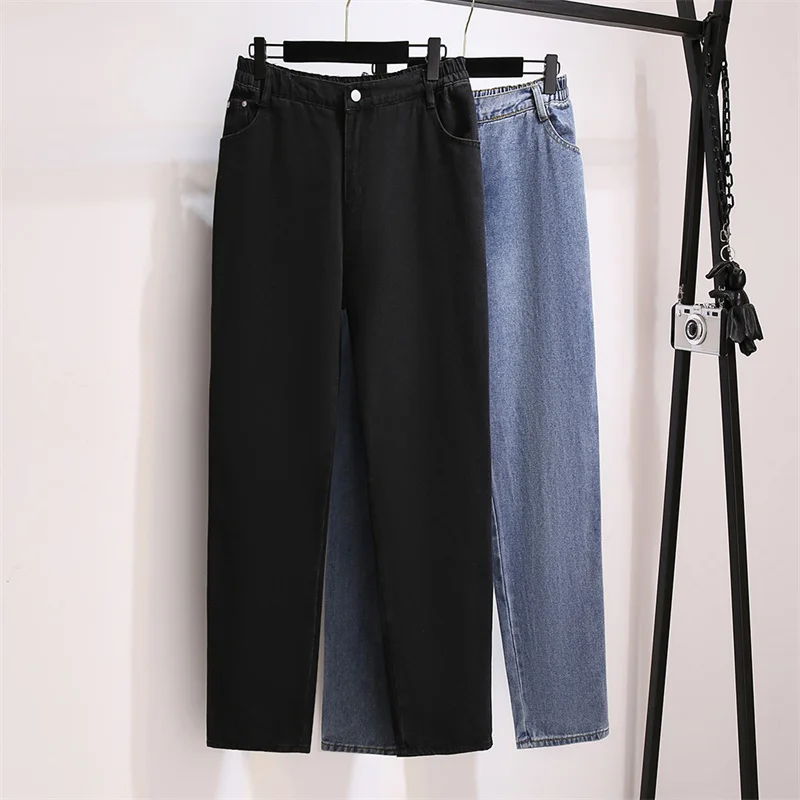 

Women's Jeans New Autumn Vintage Washed Elastic High Waist Loose Wide Leg Trousers Black Blue Mom Jeans Female Denim Pants 6XL