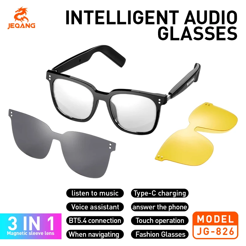 

JEQANG JG-826 Bluetooth sun smart glasses 3N1 three magnetically replaceable lenses