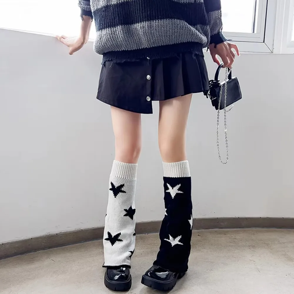 

Knitted Flare Punk Style Leg Warmers Star Pattern Heart Design Leg Cover Socks Two Side Wear Loose Fit Boot Cuffs Autumn Winter