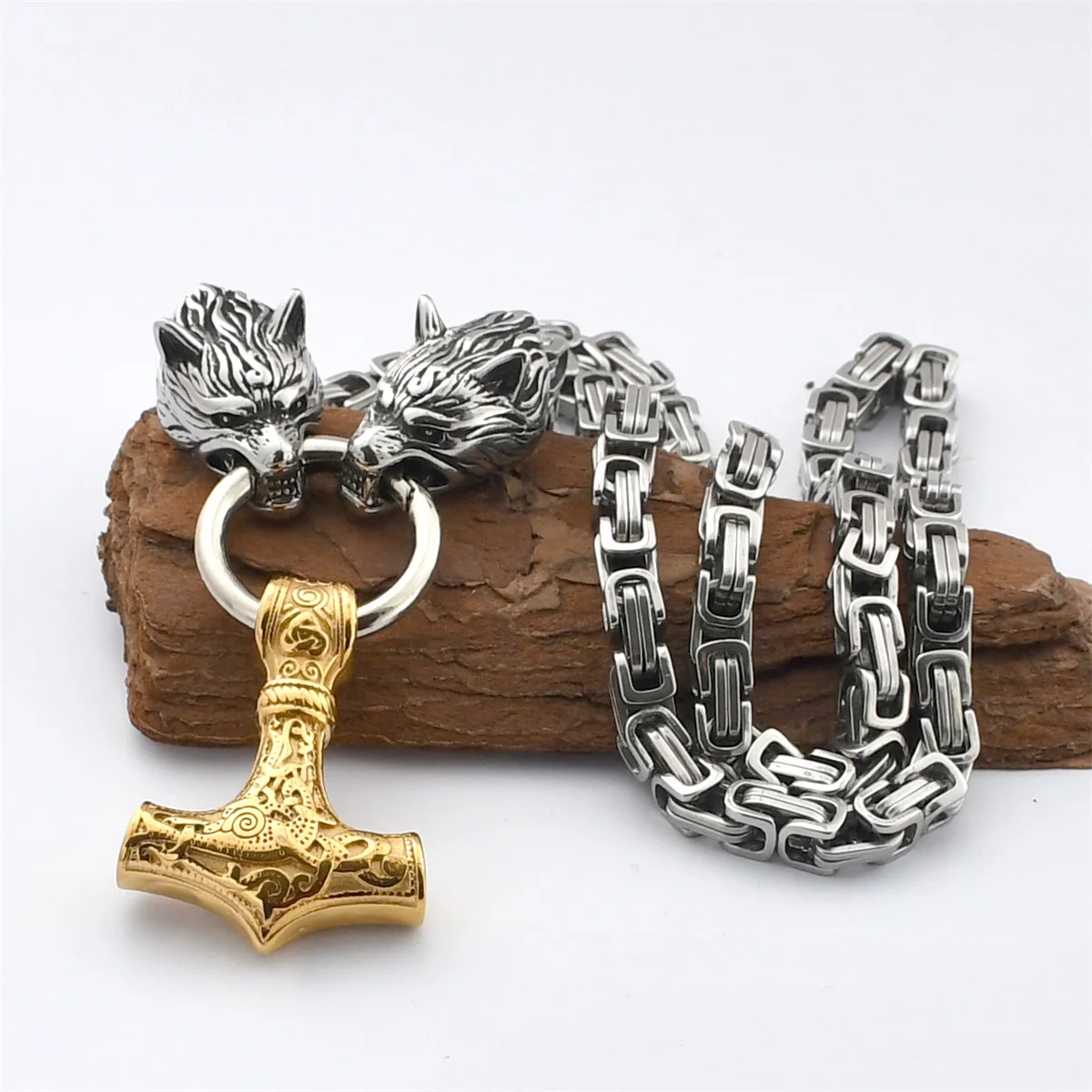 

Nordic Celtic Wolf Men's Viking Thick Necklace Viking Wolf Stainless Steel Thor's Hammer Pendant Necklace norse Amulet Jewelry