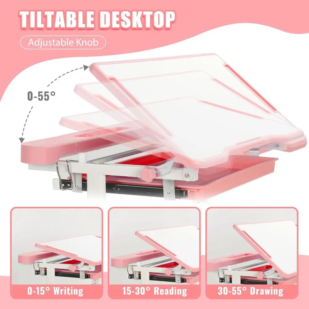 Scrivania da studio per bambini ad altezza regolabile con 55 °   Inclinazione, luce LED, cassetto e gancio, rosa