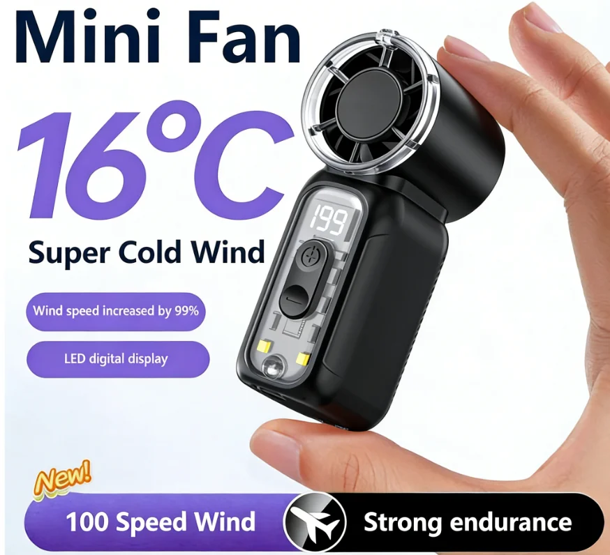 Super Mini Rechargeable Handheld High Speed Fan Powerful Wind Ultra-Quiet Fan Digital Display Popular Summer Fan