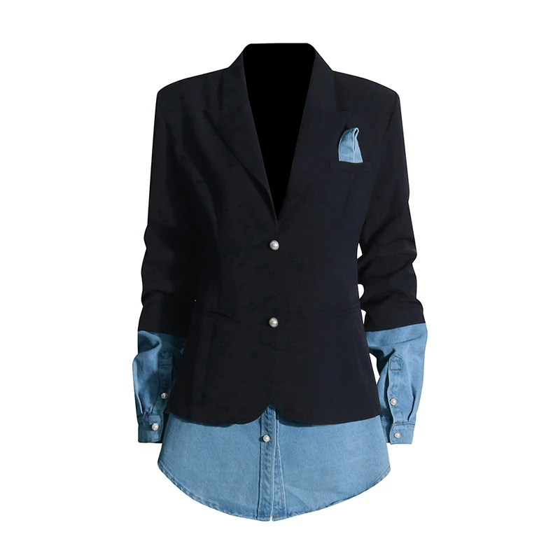 KBQ Blazer Denim warna Hit, Blazer kasual perca untuk wanita, kerah berlekuk, lengan panjang, kancing sambungan, Minimalis, baru