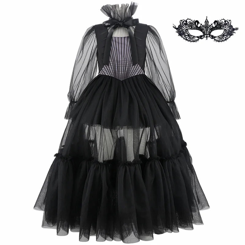 

girlsrls party dresses black lace long dress 4-12 years old carnival party dance evening dress 2025 halloween costume girl