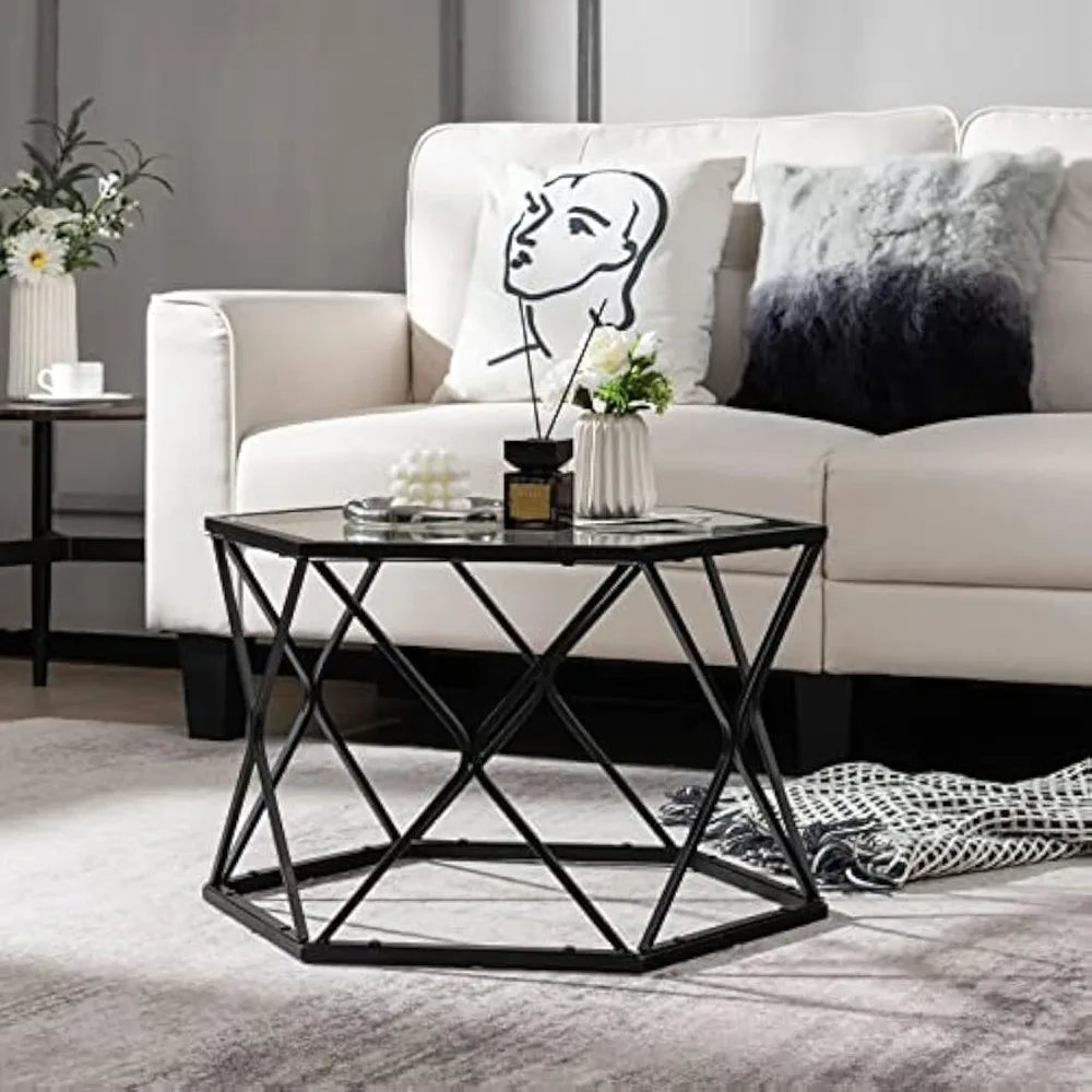 

Hexagonal Glass Coffee Table, End Table w/Tempered Glass Top & Sturdy Metal Legs, Modern Center Table, Geometric Small Glass Ta