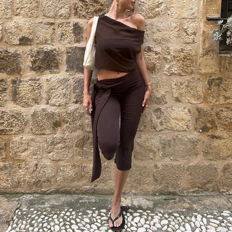 

OMSJ All Match Leisure Calf-length Pants Women's Elegant Fashion Tight Lace-up Solid Flare Hem Capri Pants Hottie Y2K Streetwear